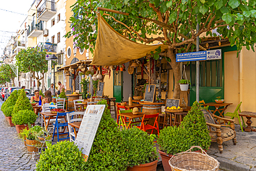 View of cafe and restaurant on Via S. Giovan Giuseppe della Croce, Port of Ischia, Island of Ischia, Campania, Italy, Europe