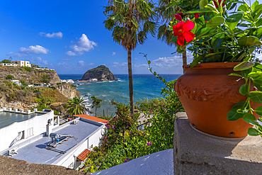 View of Torre di Sant'Angelo from elevated position in Sant'Angelo, Sant'Angelo, Island of Ischia, Campania, Italy, Europe