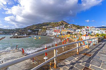 View of beach and Sant'Angelo from Porto di Sant'Angelo, Sant'Angelo, Island of Ischia, Campania, Italy, Europe