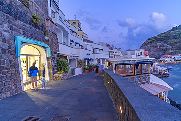 View of shop and restaurant in Sant'Angelo at dusk, Sant'Angelo, Island of Ischia, Campania, Italy, Europe