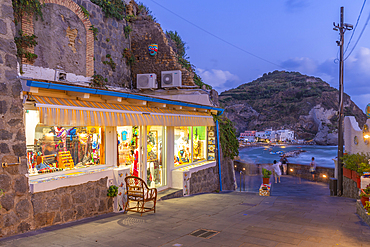 View of shops and town in Sant'Angelo at dusk, Sant'Angelo, Island of Ischia, Campania, Italy, Europe