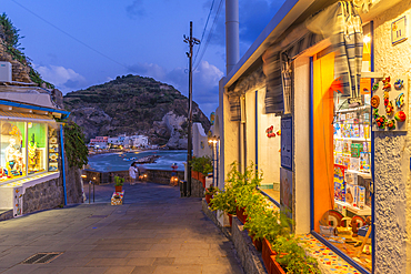 View of shops and town in Sant'Angelo at dusk, Sant'Angelo, Island of Ischia, Campania, Italy, Europe