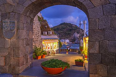 View of shops and town in Sant'Angelo at dusk, Sant'Angelo, Island of Ischia, Campania, Italy, Europe