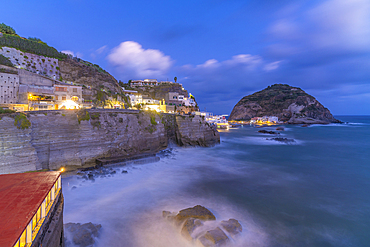 View of Torre di Sant'Angelo from elevated position in Sant'Angelo at dusk, Sant'Angelo, Island of Ischia, Campania, Italy, Europe