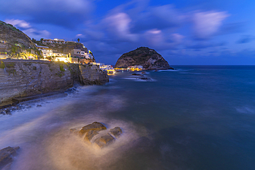 View of Torre di Sant'Angelo from elevated position in Sant'Angelo at dusk, Sant'Angelo, Island of Ischia, Campania, Italy, Europe