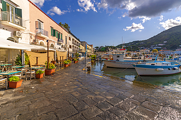 View of boats and restaurants in Porto d'Ischia (Port of Ischia), Island of Ischia, Campania, Italy, Europe