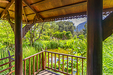 View of Sala Thai in tropical flora in Giardini la Mortella Botanical Gardens, Forio, Island of Ischia, Campania, Italy, Europe