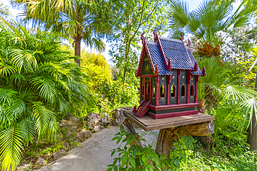 View of Sala Thai in tropical flora in Giardini la Mortella Botanical Gardens, Forio, Island of Ischia, Campania, Italy, Europe