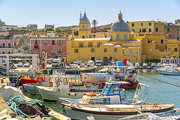 View of Church of Santa Maria della Pieta in the fishing port Marina Grande with boats, Procida, Phlegraean Islands, Gulf of Naples, Campania, Southern Italy, Italy, Europe