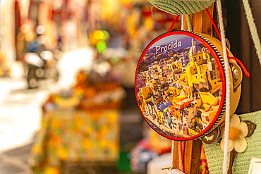 View of colourful souvenir in narrow backstreet in the fishing port, Procida, Phlegraean Islands, Gulf of Naples, Campania, Southern Italy, Italy, Europe