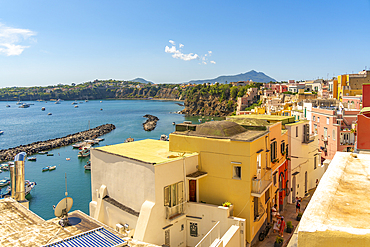 View of Marina di Corricella from Eglise Santa Maria delle Grazie, Procida, Phlegraean Islands, Gulf of Naples, Campania, Southern Italy, Italy, Europe