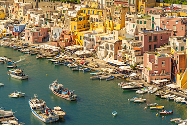 View of Marina di Corricella from Church of Santa Maria delle Grazie, Procida, Phlegraean Islands, Gulf of Naples, Campania, Southern Italy, Italy, Europe