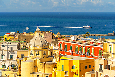 View from elevated position over town and Church of Santa Maria delle Grazie, Procida, Phlegraean Islands, Gulf of Naples, Campania, Southern Italy, Italy, Europe