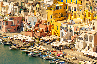 View of Marina di Corricella from Eglise Santa Maria delle Grazie, Procida, Phlegraean Islands, Gulf of Naples, Campania, Southern Italy, Italy, Europe