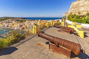 View of Marina di Corricella from Eglise Santa Maria delle Grazie, Procida, Phlegraean Islands, Gulf of Naples, Campania, Southern Italy, Italy, Europe