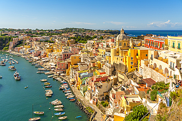 View of Marina di Corricella from Eglise Santa Maria delle Grazie, Procida, Phlegraean Islands, Gulf of Naples, Campania, Southern Italy, Italy, Europe