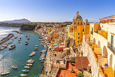 View of Marina di Corricella and Church of Santa Maria delle Grazie, Procida, Phlegraean Islands, Gulf of Naples, Campania, Southern Italy, Italy, Europe