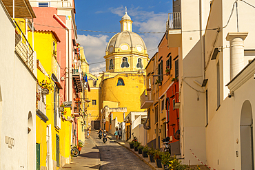 View of narrow street and Church of Santa Maria delle Grazie, Procida, Phlegraean Islands, Gulf of Naples, Campania, Southern Italy, Italy, Europe