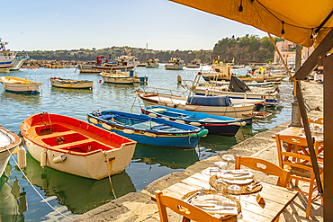 View of restaurant and boats in Marina di Corricella, Procida, Phlegraean Islands, Gulf of Naples, Campania, Southern Italy, Italy, Europe