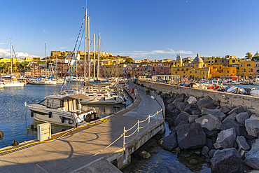 View of Church Madonna delle Grazie in the fishing port Marina Grande with boats at golden hour, Procida, Phlegraean Islands, Gulf of Naples, Campania, Southern Italy, Italy, Europe