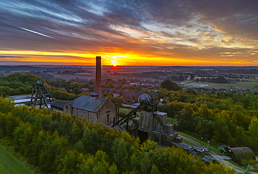 Aerial view of pit headstocks at Pleasley Country Park during sunset, Pleasley, Bolsover, Derbyshire, England, United Kingdom, Europe