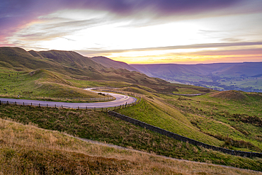 View of landsacpe and trail. lights in the Hope Valley at sunset, Peak District National Park, Baslow, Derbyshire, England, United Kingdom, Europe