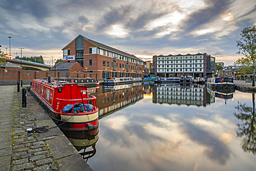 View of canal boats at Victoria Quays at sunset, Sheffield, South Yorkshire, England, United Kingdom, Europe