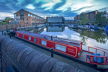 View of canal boats at Victoria Quays at dusk, Sheffield, South Yorkshire, England, United Kingdom, Europe