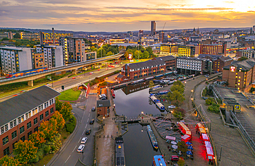 Aerial view of Victoria Quays and Sheffield city skyline at dusk, Sheffield, South Yorkshire, England, United Kingdom, Europe