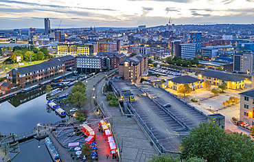 Aerial view of Victoria Quays and Sheffield city skyline at dusk, Sheffield, South Yorkshire, England, United Kingdom, Europe