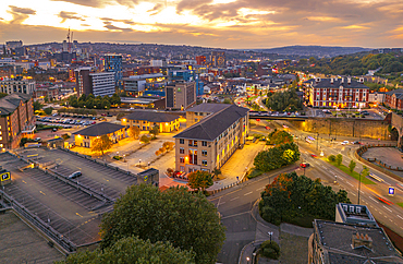 Aerial view of Sheffield city skyline at dusk, Sheffield, South Yorkshire, England, United Kingdom, Europe