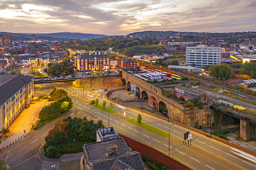 Aerial view of Sheffield city skyline at dusk, Sheffield, South Yorkshire, England, United Kingdom, Europe