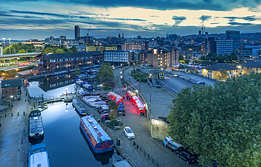 Aerial view of Victoria Quays and Sheffield city skyline at dusk, Sheffield, South Yorkshire, England, United Kingdom, Europe