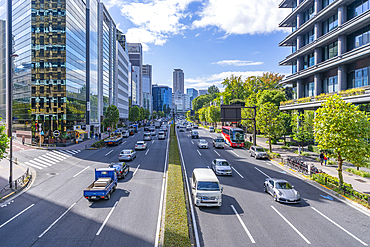 View of traffic and highrise buildings in the Akasaka District of Minato, Minato City, Tokyo, Japan, Asia