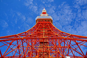 View of Tokyo Tower from its base against blue sky, Shibakoen, Minato City, Tokyo, Japan, Asia