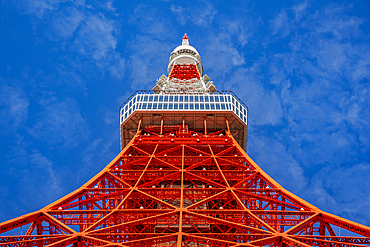 View of Tokyo Tower from its base against blue sky, Shibakoen, Minato City, Tokyo, Japan, Asia