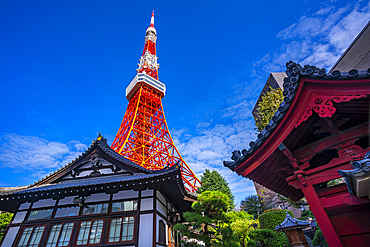 View of Tokyo Tower and Shinkōin Budist Temple against blue sky, Shibakoen, Minato City, Tokyo, Japan, Asia