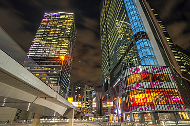 View of buildings around Shibuya Station area at night, Shibuya District, Kamiyamacho, Shibuya City, Tokyo, Honshu, Japan