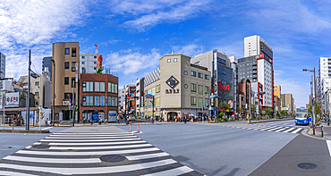 View of shops, buildings and crossings in Asakusa, Taito City, Tokyo, Japan, Asia