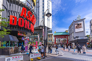 View of shops, buildings and Torii Gate in Asakusa, Taito City, Tokyo, Honshu, Japan