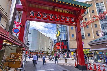 View of Torii gate, colourful shops and buildings in Asakusa, Taito City, Tokyo, Honshu, Japan