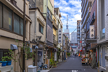 View of colourful shops and buildings with Tokyo Skytree visible in background, Asakusa, Taito City, Tokyo, Japan, Asia