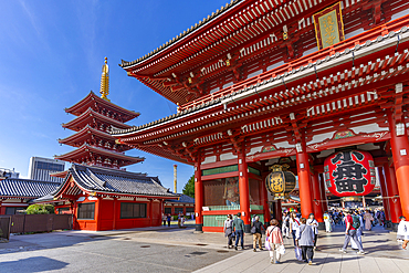 View of pegoda and Senso-ji Hozomon Gate at Senso-ji Temple, Asakusa, Taito City, Tokyo, Japan, Asia