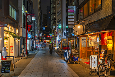 View of colourful restaurants in street scene in Asakusa at night, Asakusa, Taito City, Tokyo, Japan, Asia