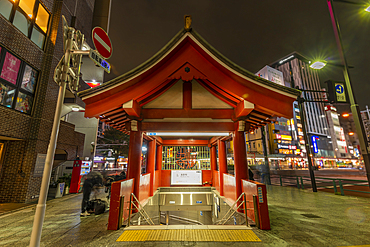 View of subway entrance in Asakusa at night, Asakusa, Taito City, Tokyo, Honshu, Japan