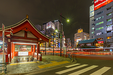 View of subway entrance in Asakusa at night, Asakusa, Taito City, Tokyo, Japan, Asia