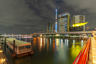 View of Tokyo Skytree, Azuma Bridge and Sumida River at night, Asakusa, Taito City, Tokyo, Honshu, Japan