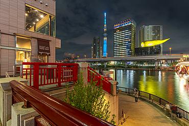 View of Tokyo Skytree, Azuma Bridge and Sumida River at night, Asakusa, Taito City, Tokyo, Honshu, Japan