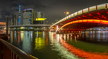 View of Tokyo Skytree, Azuma Bridge and Sumida River at night, Asakusa, Taito City, Tokyo, Japan, Asia