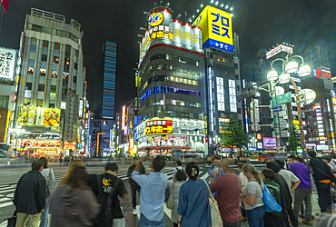 View of Kabukicho neon lit street and crossings at night, Shinjuku City, Kabukicho, Tokyo, Honshu, Japan